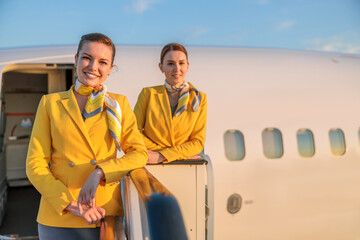 Cheerful stewardesses standing near aircraft door before the flight
