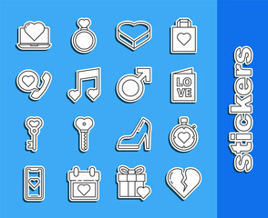 Set line Broken heart or divorce, Valentines day party flyer, Candy shaped box, Music note, tone with hearts, Telephone speech bubble, Laptop and Male gender symbol icon. Vector