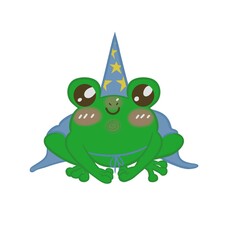 little cute green magic frog in a cap and mantle