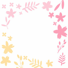 minimal and clean pink and yellow flower and leaf frame on white background