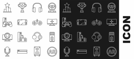 Set line Ar, augmented reality, Computer, monitor, Headphones, Portable video game console, Game with joystick, Star and Gamepad icon. Vector