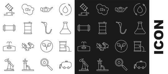 Set line Oil industrial factory building, Barrel oil leak, petrol test tube, Canister for motor, Industry pipe, and Gasoline pump nozzle icon. Vector