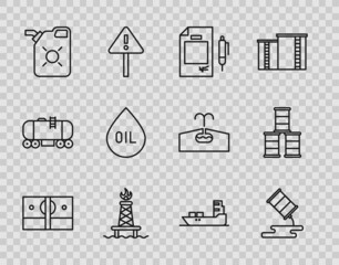 Set line Stacks paper money cash, Barrel oil leak, Contract and pen, Oil rig with fire, Canister for motor, drop, tanker ship and icon. Vector