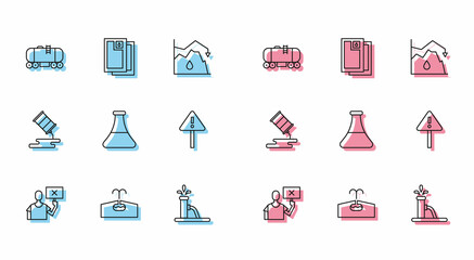 Set line Nature saving protest, Oilfield, railway cistern, pump or pump jack, petrol tube, Exclamation mark triangle, Barrel oil leak and icon. Vector