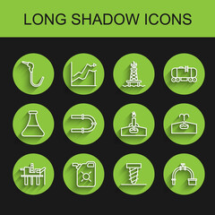 Set line Oil platform in the sea, Canister motor oil, Gasoline pump nozzle, Rotating drill digging hole, Industry pipe and valve, Oilfield and rig with fire icon. Vector
