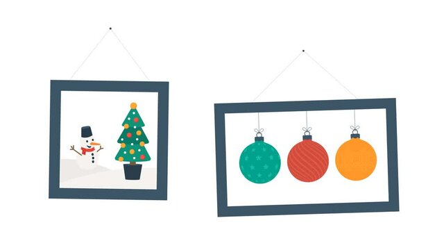 Gallery wall, merry christmas and happy new year animation design. Xmas and New Year hanging pictures. Flat illustration of merry Christmas theme photos hang on white wall background