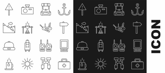 Set line First aid kit, Open matchbox and matches, Road traffic signpost, Hiking backpack, Campfire pot, Mountains, Exclamation mark triangle and Swiss army knife icon. Vector
