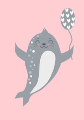 cartoon cute seal with a balloon with hearts on a pink background. Vector graphics.