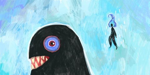 Hand drawn background illustration with monster, Mental health style. Fight scene. Black creature. Artistic template. Wallpaper.  © ashfairy
