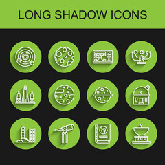 Set line Rocket launch from the spaceport, Telescope, Solar system, Book by astronomy, Planet Saturn, Satellite dish, Astronomical observatory and Venus icon. Vector