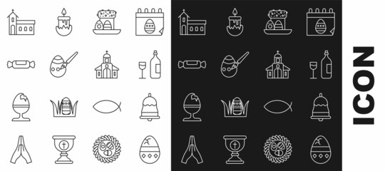 Set line Cracked egg, Ringing bell, Wine bottle with glass, Easter cake and eggs, paint brush, Candy, Church building and icon. Vector