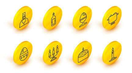 Set line Burning candle in candlestick, Easter cake, Candelabrum with candlesticks, Cracked egg, Egg hot pot, Chicken on stand, Bottle of wine and Priest icon. Vector