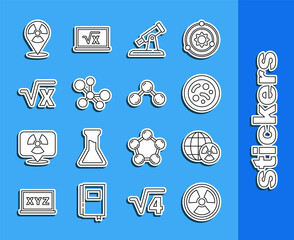 Set line Radioactive, Planet earth and radiation, Bacteria, Telescope, Molecule, Square root of x glyph, in location and icon. Vector