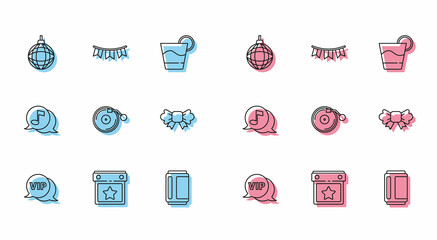 Set line Vip in speech bubble, Calendar party, Disco ball, Beer can, Vinyl player with disk, Bow tie, Musical note and Carnival garland flags icon. Vector