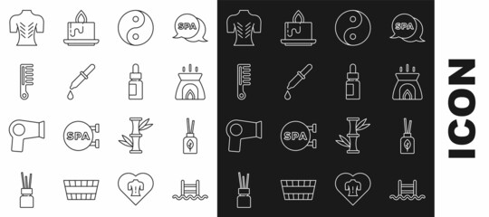 Set line Swimming pool with ladder, Aroma diffuser, candle, Yin Yang, Pipette, Hairbrush, Massage and Essential oil bottle icon. Vector