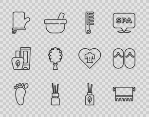 Set line Foot massage, Towel on hanger, Hairbrush, Aroma diffuser, Sauna mittens, broom, and Flip flops icon. Vector