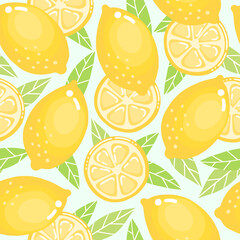 Lemon Seamless Pattern illustration. Cute vector design of juicy cartoon lemons and leaves. Bright yellow and green colors on pastel background. For textile, covers, wrapping paper, scrapbook, decor.