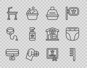 Set line Collar with name tag, Hair brush for dog and cat, Pet carry case, Dog in muzzle, grooming table, shampoo, Certificate and Diaper icon. Vector