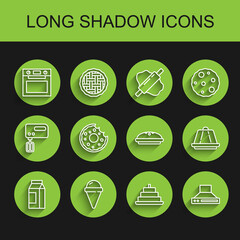 Set line Paper package for milk, Ice cream in waffle cone, Oven, Cake with burning candles, Kitchen extractor fan, Donut, Pudding custard and Homemade pie icon. Vector