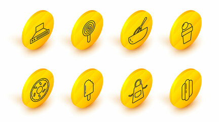 Set line Hotdog sandwich, Kitchen apron, Ice cream, Donut, whisk bowl, Lollipop and extractor fan icon. Vector