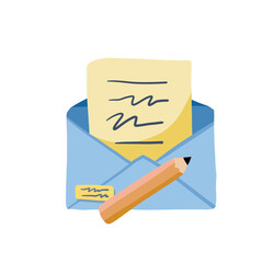 Letter with envelope. Sending Mail and document sheet. Business page and pencil. Chat with messages. Flat cartoon illustration isolated on white