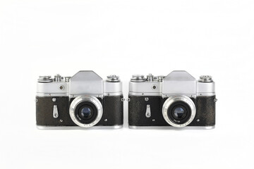 Very rare old 35 mm SLR film camera on white background.