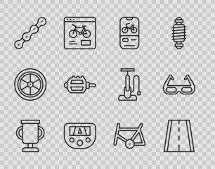 Set line Award cup with bicycle, Bicycle lane, rental mobile app, Gps device map, chain, pedal, frame and Sport cycling sunglasses icon. Vector