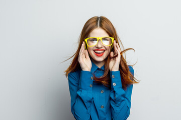 woman wearing yellow glasses red lips home fashion elegant style