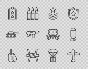 Set line Military dog tag, Jet fighter, rank, Barbed wire, Submachine gun M3, Airdrop box and Aviation bomb icon. Vector