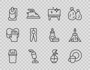 Set line Trash can, Washing dishes, Clean table, Vacuum cleaner, Toilet paper roll, Clothes pin, Water spray bottle and Handle broom icon. Vector