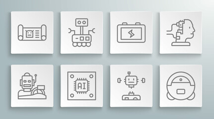 Set line Robot humanoid driving a car, Processor with microcircuits CPU, Disassembled robot, vacuum cleaner, Battery, for maintenance and blueprint icon. Vector