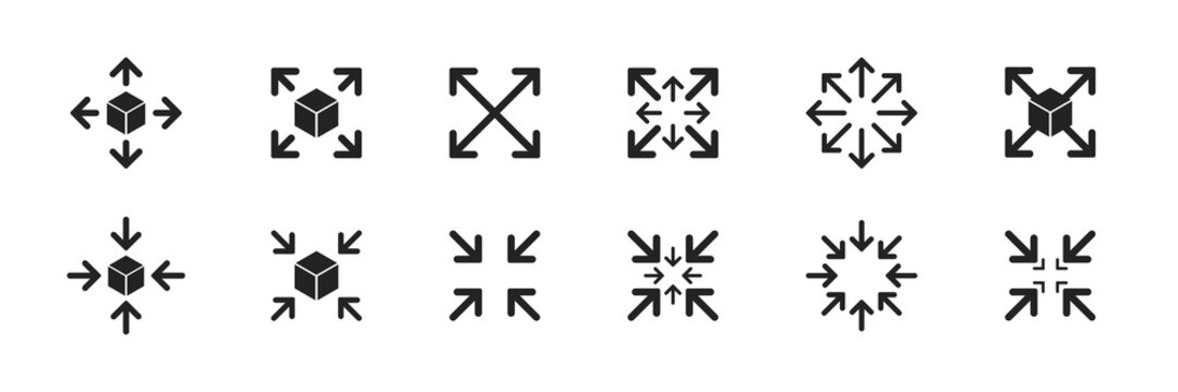 Expand size icon. Enlarge vector symbol. Simple zoom arrow icons. expansion and contraction icon set. EPS10