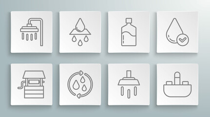 Set line Well with bucket, Recycle clean aqua, Shower, Washbasin water tap, Big bottle, Water drop and icon. Vector