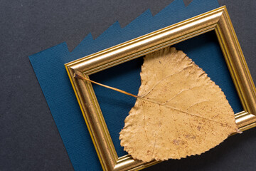 frame with autumn poplar leaf and paper