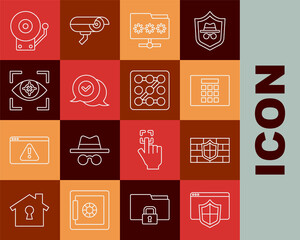 Set line Browser with shield, Shield brick wall, Password protection, Folder password, Check mark in speech bubble, Eye scan, Ringing alarm bell and Graphic icon. Vector