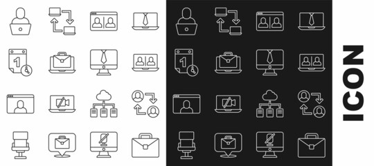 Set line Briefcase, Project team base, Video chat conference, Online working, Time management, Freelancer and icon. Vector