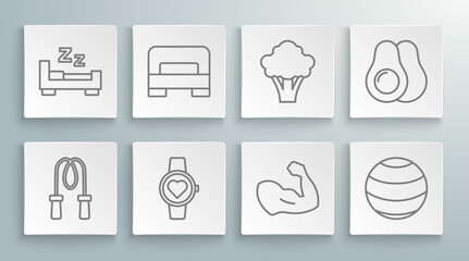 Set line Jump rope, Big bed, Smart watch, Bodybuilder muscle, Fitness ball, Broccoli, Avocado fruit and Time to sleep icon. Vector