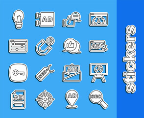 Set line SEO optimization, Board with graph chart, Advertising, Customer product rating, Magnet money, Browser setting, Light bulb concept of idea and icon. Vector