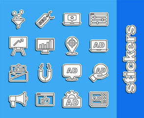 Set line Advertising, Laptop with star, Monitor graph chart, Board, Lead management and Target icon. Vector