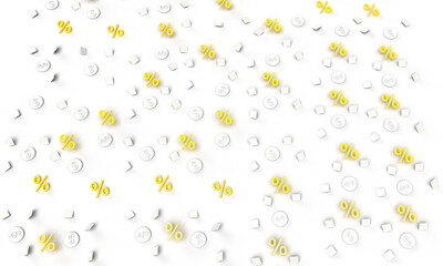 The pattern of 3d percent icons. Illustration on the topic of business, cashback, payments, store. White background. Modern minimal style, 3d rendering.
