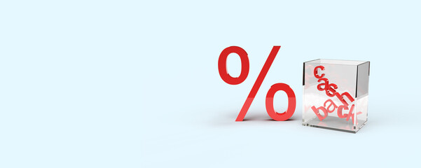 3d percentage red icon and cashback inscription in a glass cube. Illustration on the topic of cashback, discounts, promotions, online store, business, payments. 3d rendering.  Blue background.