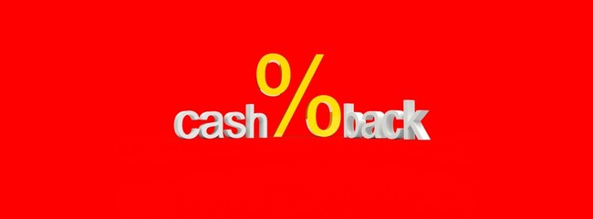 3d percentage icon and cashback inscription. Illustration on the topic of cashback, discounts, promotions, online store, business, payments. 3d rendering.  Red and white color.