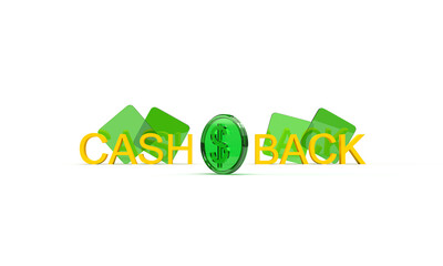 3d percentage icon and cashback and coin inscription. Illustration on the topic of cashback, discounts, promotions, online store, business, payments. 3d rendering.  Green and white color.