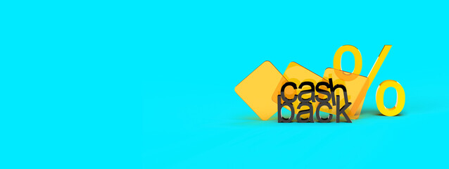 3d percentage icon and cashback inscription. Illustration on the topic of cashback, discounts, promotions, online store, business, payments. 3d rendering.  Yellow and blue color.