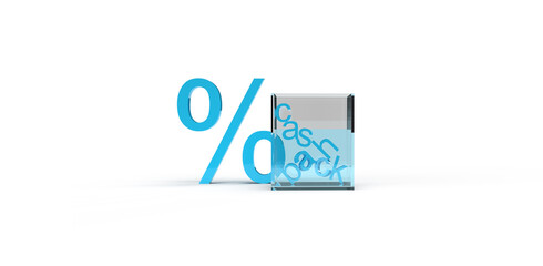 3d percentage blue icon and cashback inscription in a glass cube. Illustration on the topic of cashback, discounts, promotions, online store, business, payments. 3d rendering.  White background.