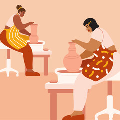 Illustration of people creating pottery in workshop