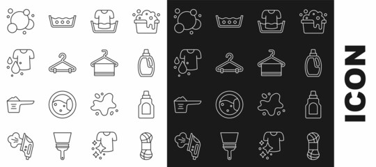 Set line Yarn, Bottle for cleaning agent, Basin with shirt, Hanger wardrobe, Dirty t-shirt, Soap water bubbles and Towel on hanger icon. Vector