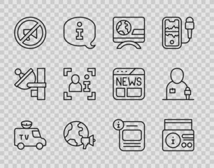 Set line TV News car, on radio channel, Breaking news, World, Censored stamp, Television report, Information and Journalist icon. Vector