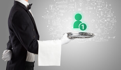 Close-up of waiter serving social media icons