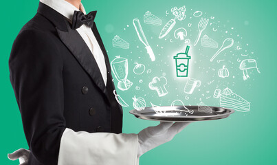 Fototapeta na wymiar Waiter holding silver tray with food icons above